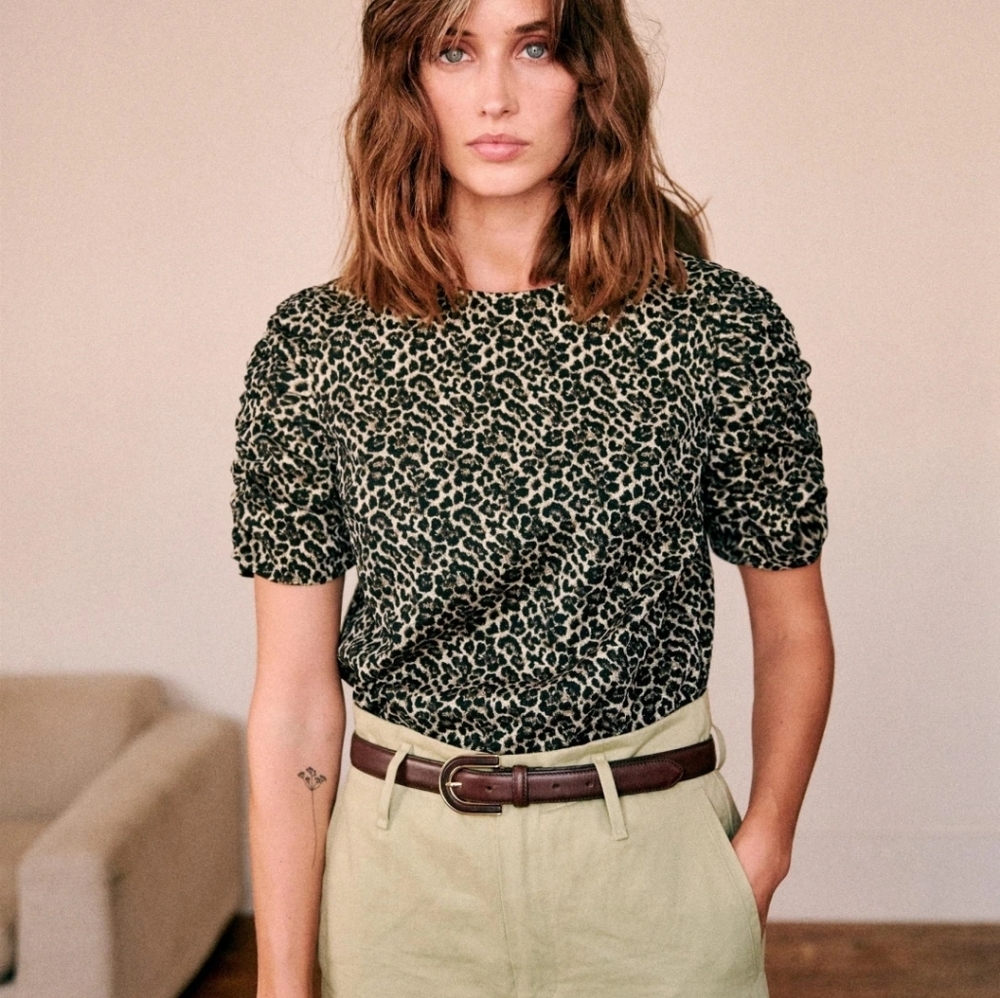 Sezane leopard shimmer puff sleeve top
